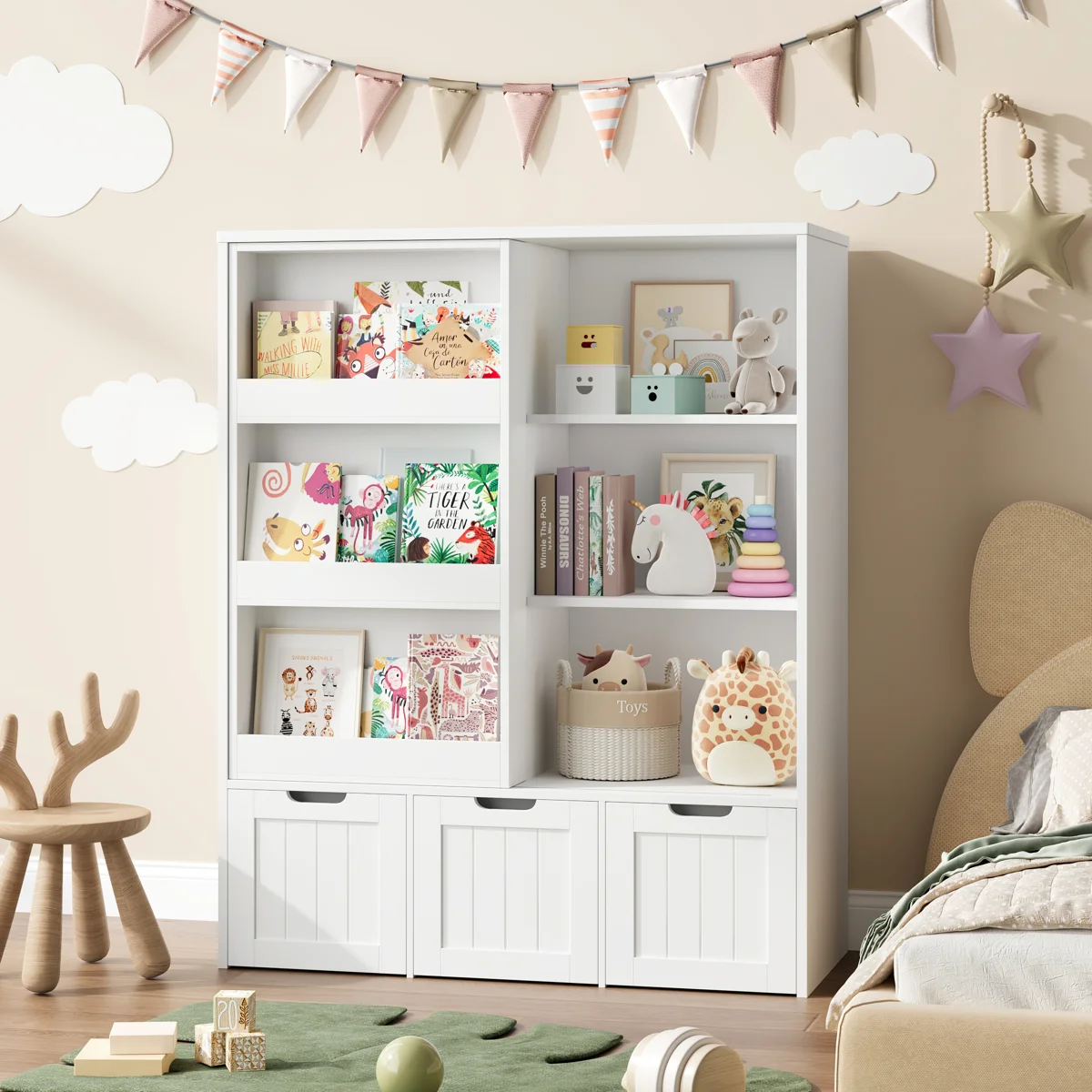 47.2"H Wood Storage Kids Bookcases  with Sliding Door and 3 Removable Drawers