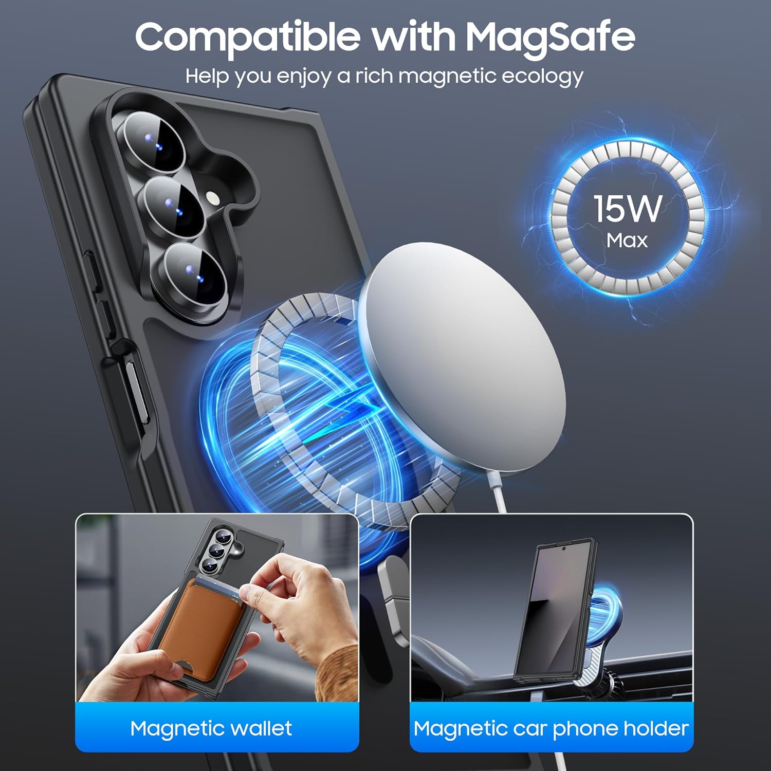 MAKAVO Magnetic for Samsung Galaxy Z Fold 7 Case [Compatible with MagSafe] Slim Translucent Matte Hard Back Cover & Soft Bumper, Fold7 Silicone Shockproof Phone Case, Black Z Fold 7 Black