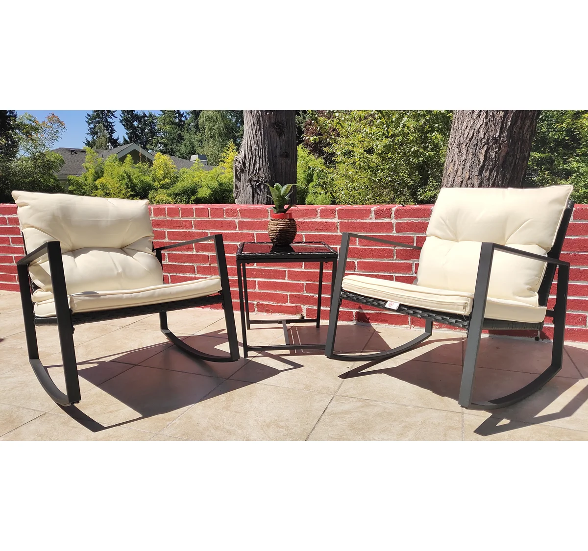 Moana 3 Piece Outdoor Rocking Chairs Patio Bistro Set with Coffee Table and Cushions