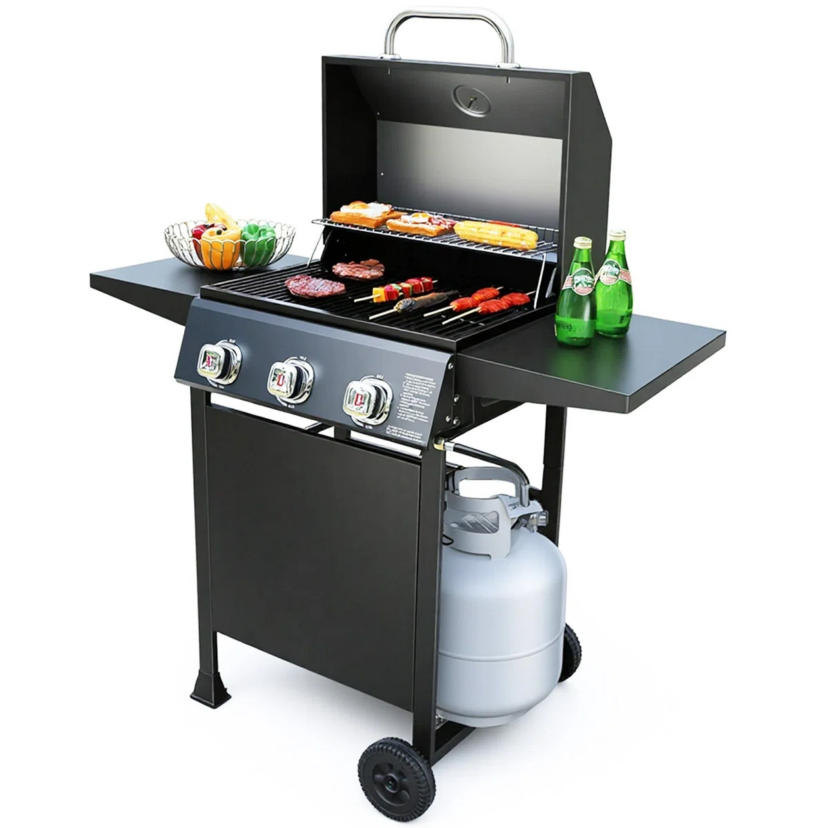 Brand-Man 3-Burner Propane Gas Grill with Enameled Steel Grates, 27,000BTU BBQ Grill with 2 Side Shelves for Backyard, Patio, Camping and Outdoor Cooking