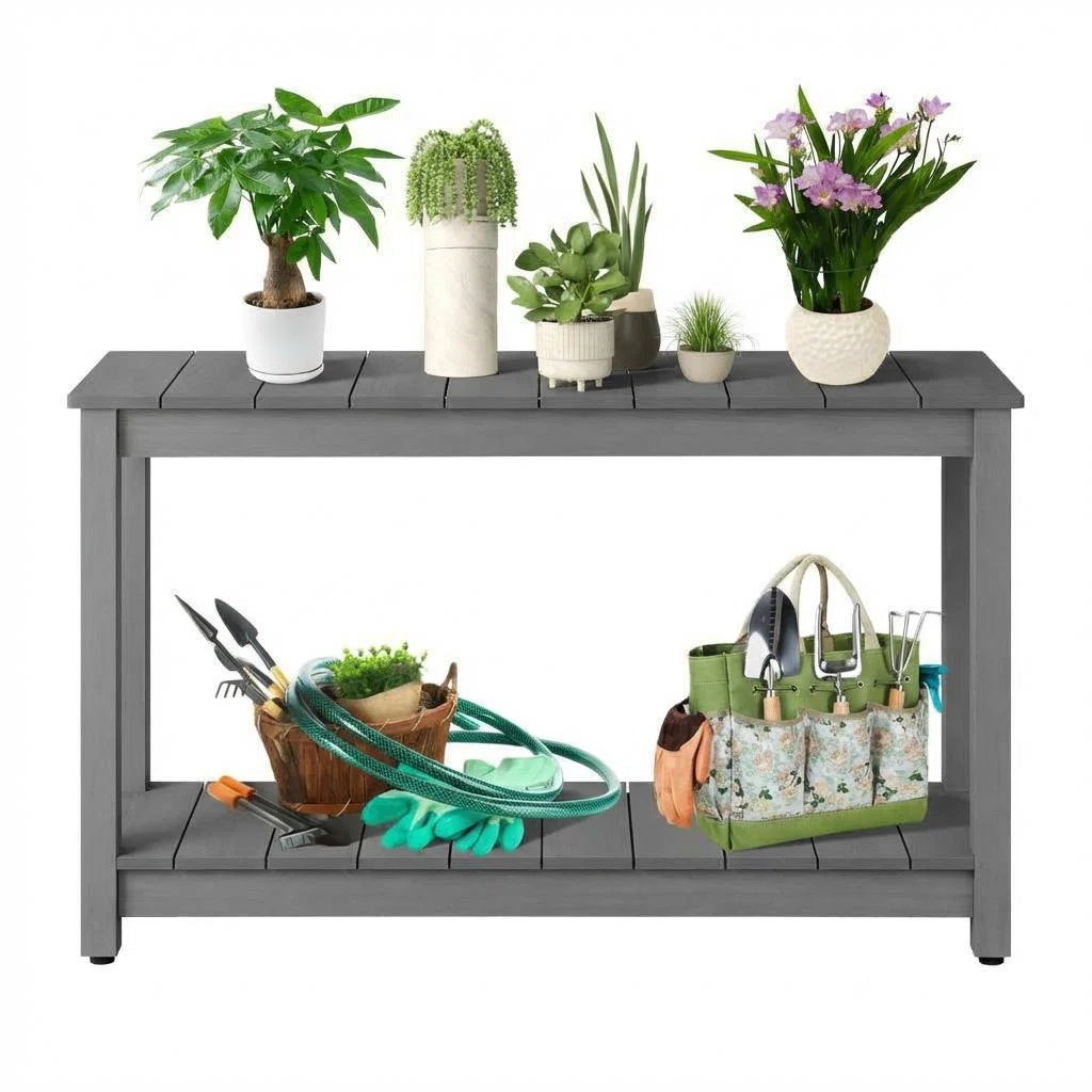 48" Outdoor Console Table with 2 Shelves, Weather-Resistant Patio Buffet and Entryway Table with Adjustable Feet