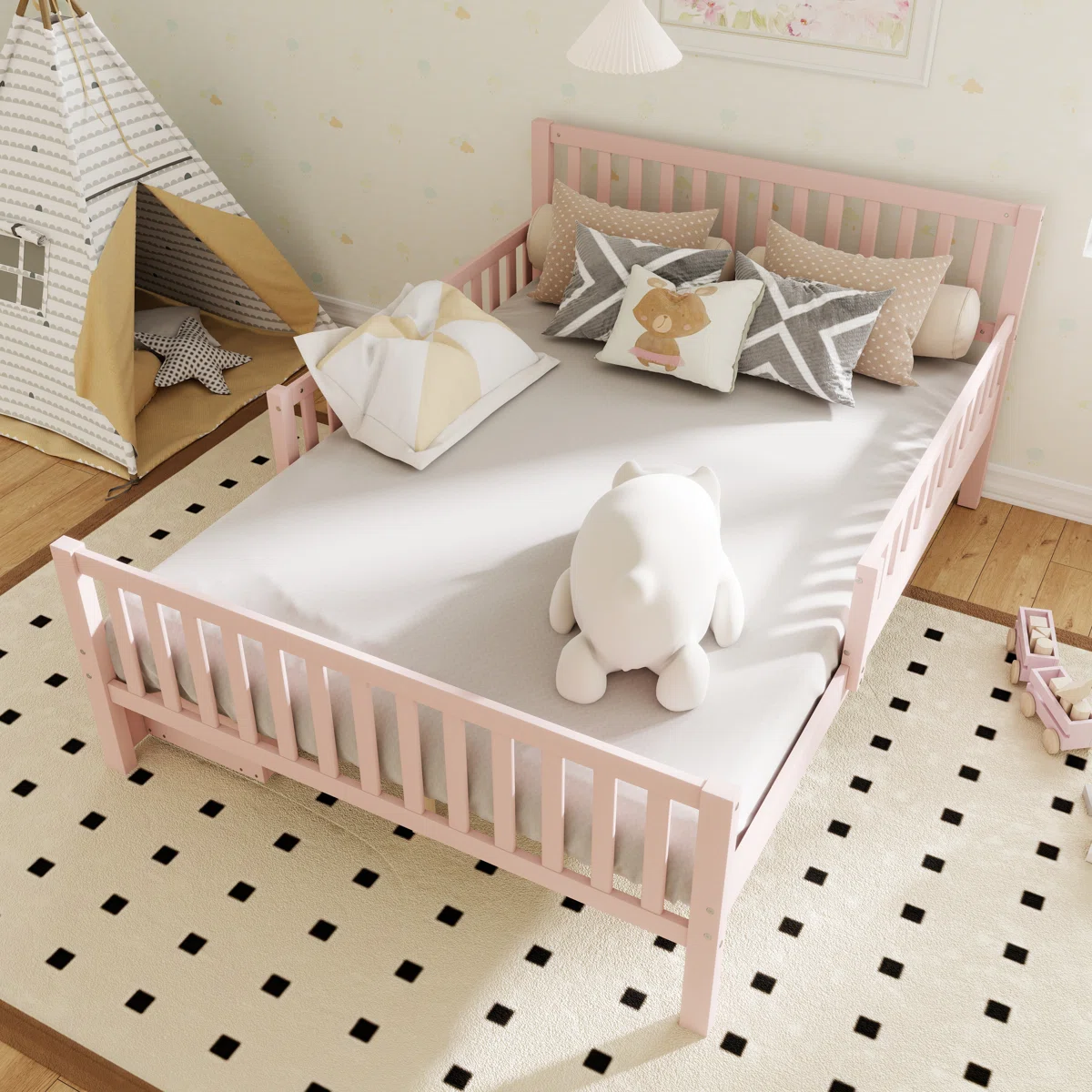 Minimalist Style Both Sides Guardrails Wood Platform Bed With Two Storage Drawers And Headboard