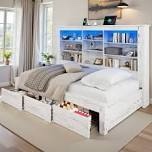 incomplete Bookcase Bed with LED Light and Underbed Drawers, Storage Headboard Platform Bed for Teens