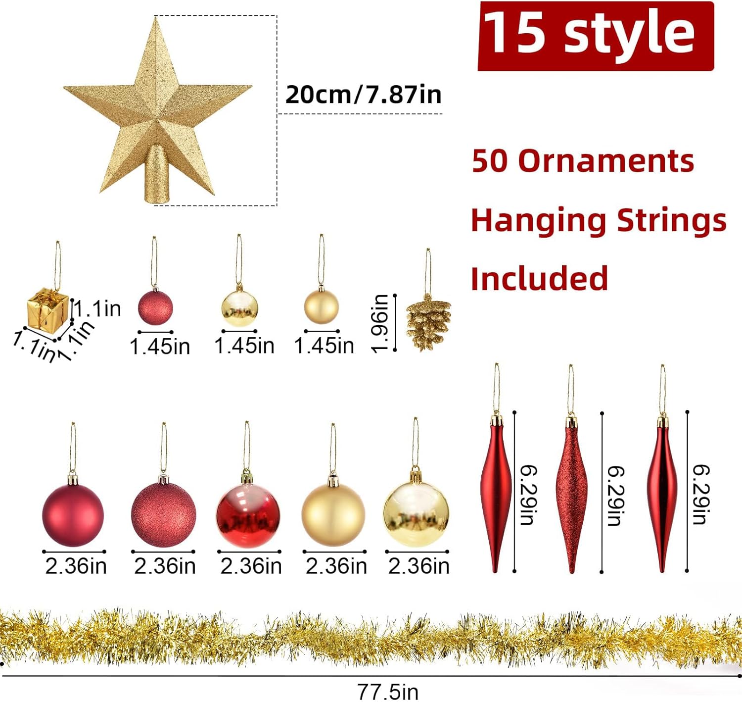 50pcs Red Gold Christmas Ball Ornaments Set, Shatterproof Christmas Tree Decorations Balls, Bolas De Navidad, Christmas Baubles, Champagne Gold Christmas Decorations Indoor for Home Party Gift 50pcs-red