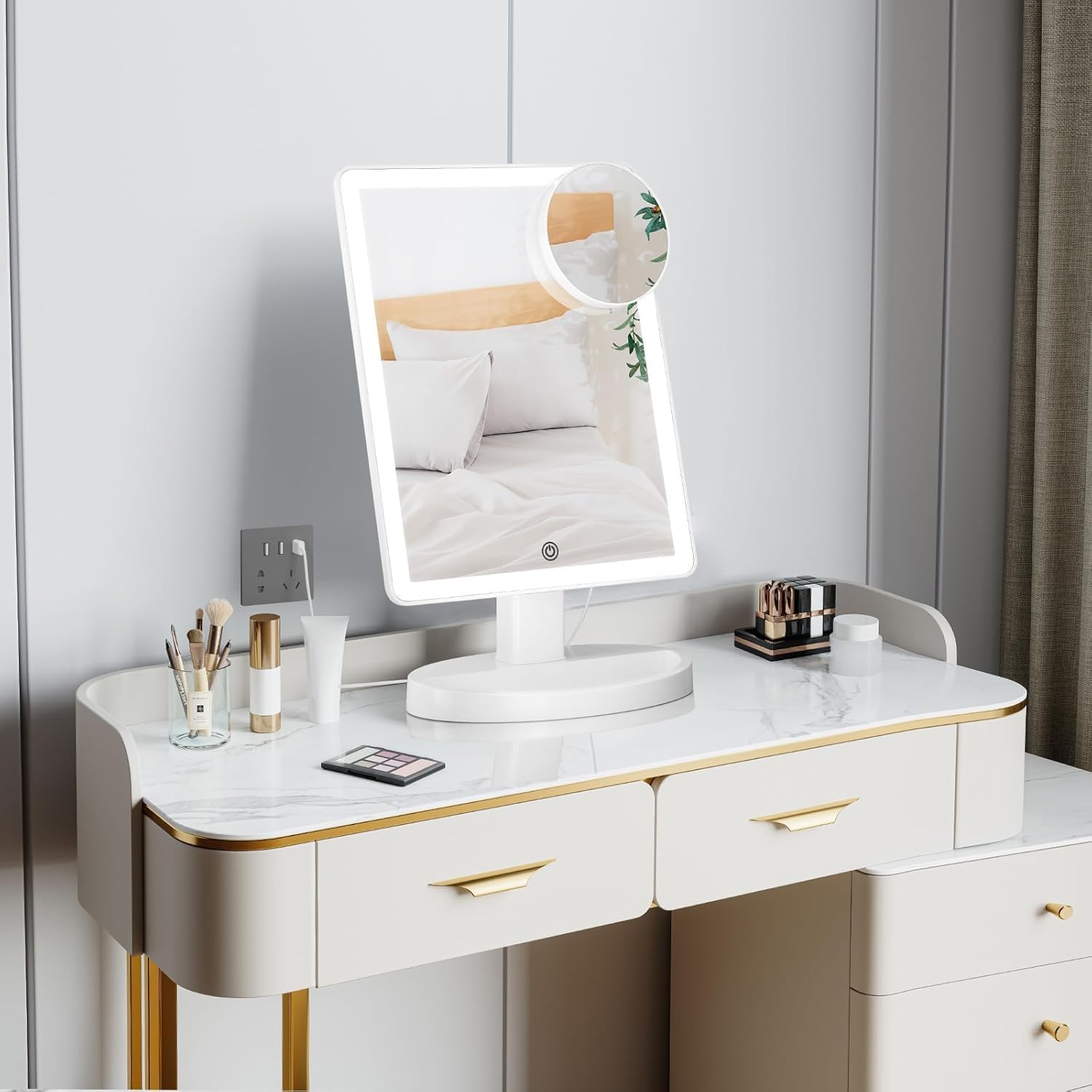 Funtouch Large Lighted Vanity Makeup Mirror with 88 LED, 360 Rotation Touch Screen, 10X Magnification Portable Tabletop Cosmetic Make Up Mirror White-a
