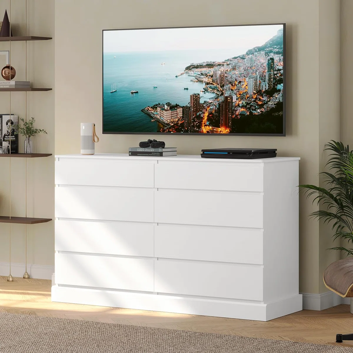 Dresser For Bedroom, Modern Long Double Dressers With 8 Drawers, Storage Organizer Chest Of Drawers For Living Room, Entryway, Dimensions 51.6''l X 15.7''d X 37.7''h
