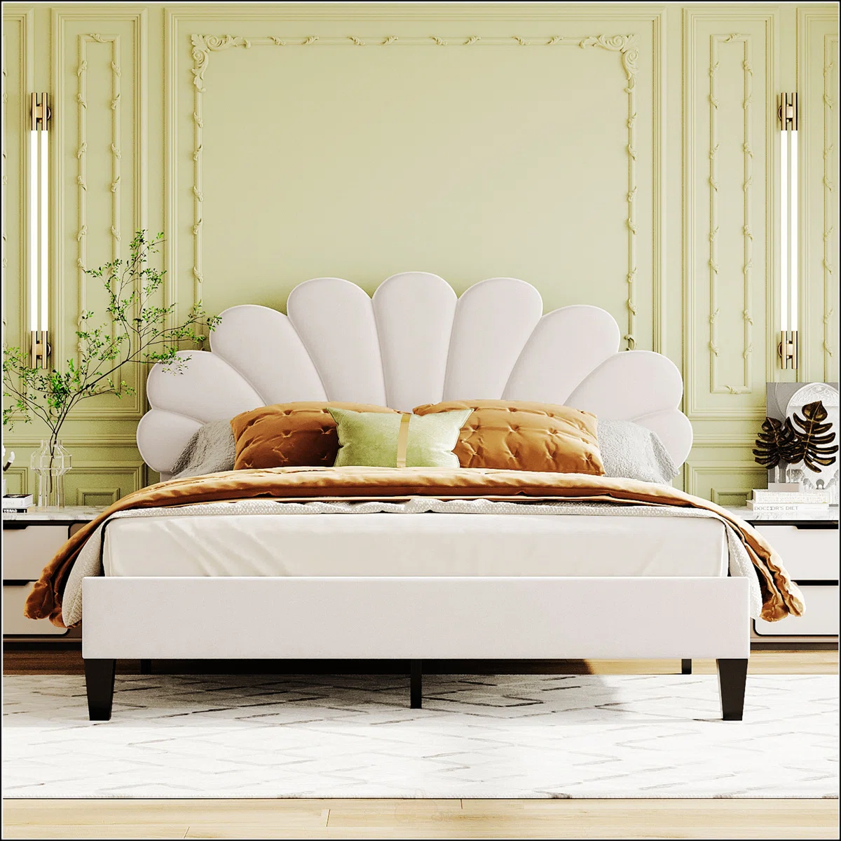 Stylish Velvet Upholstered Platform Bed With Intricate Flower Pattern Headboard, A Statement Piece For Your Bedroom.