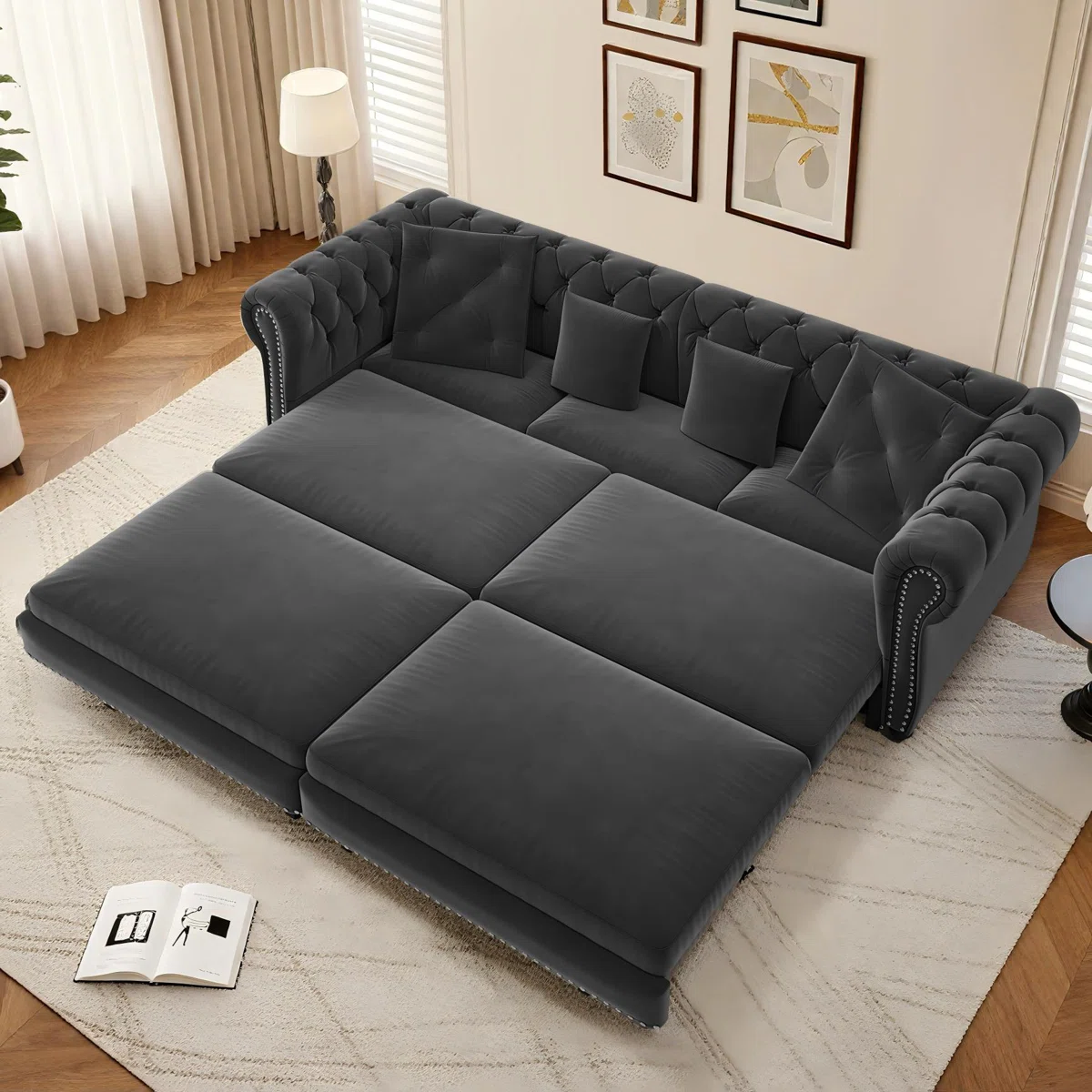89" Pull-Out Sleeper Sofa Velvet Chesterfield Sofa Convertible Couch Bed (Incomplete)