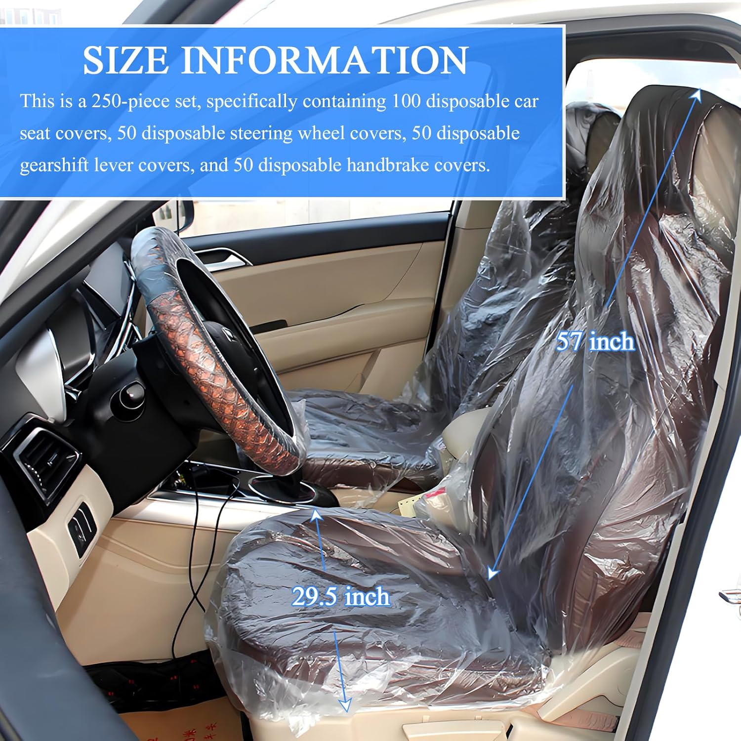 Hovom 250PCS Disposable Car Seat Covers, Transparent Plastic Automotive Seat Covers Protector with Steering Wheel Covers, Gear Shift Covers & Handbrake Covers, Universal for Car SUV Truck Bus