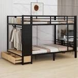 incomplete box 1 of 2 Double Full Size Bunk Bed With 4 Storage Drawers And 3 Open Shelves, Metal Bunk Bed With Led Lights, Charging Station And Storage Pegboard, Bunk Bed With Safety Rails And Ladder, Black