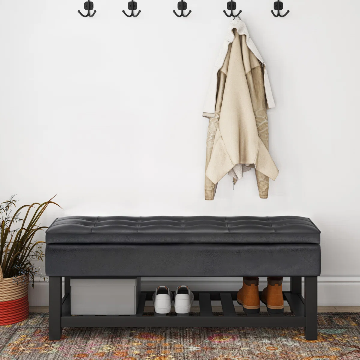 Cosmopolitan 44"W Vegan Leather Transitional Storage Ottoman Bench with Tufted Lift-Top and Open Shelf