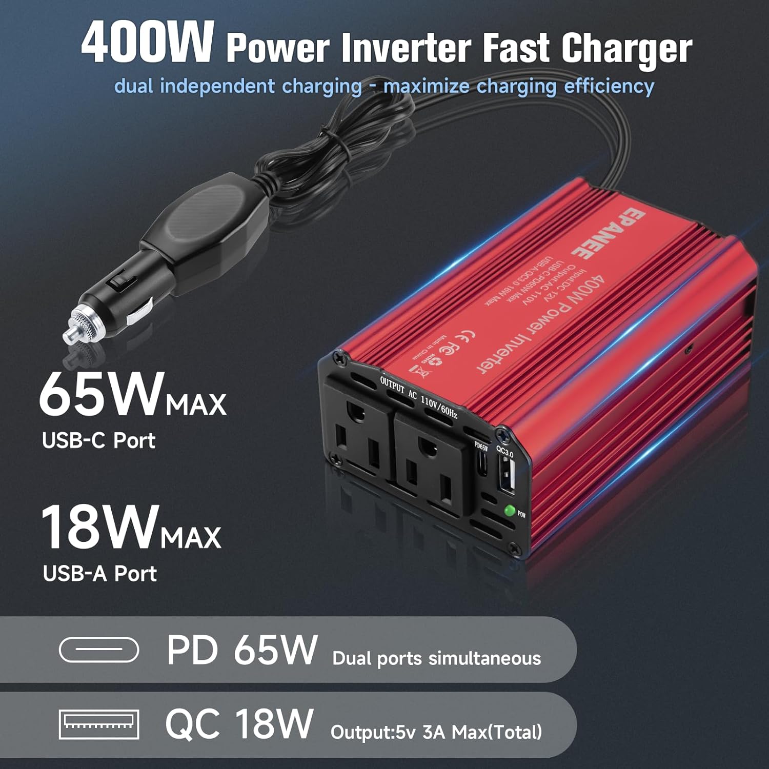400W Power Inverter 12V DC to 110V AC, Car Charger Plug in Adapter Outlet with PD 65W USB-C&QC 18W Port, Portable Power Converters for Laptop Vehicles Camping Road Trip Essentials Adults RED