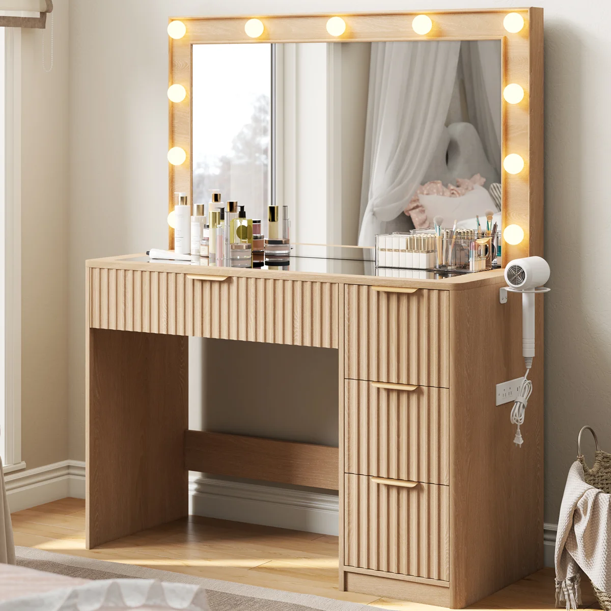 Dulane 36.2" W Modern Vanity Desk With 4 Drawers, Led Lighted Mirror & Power Outlets