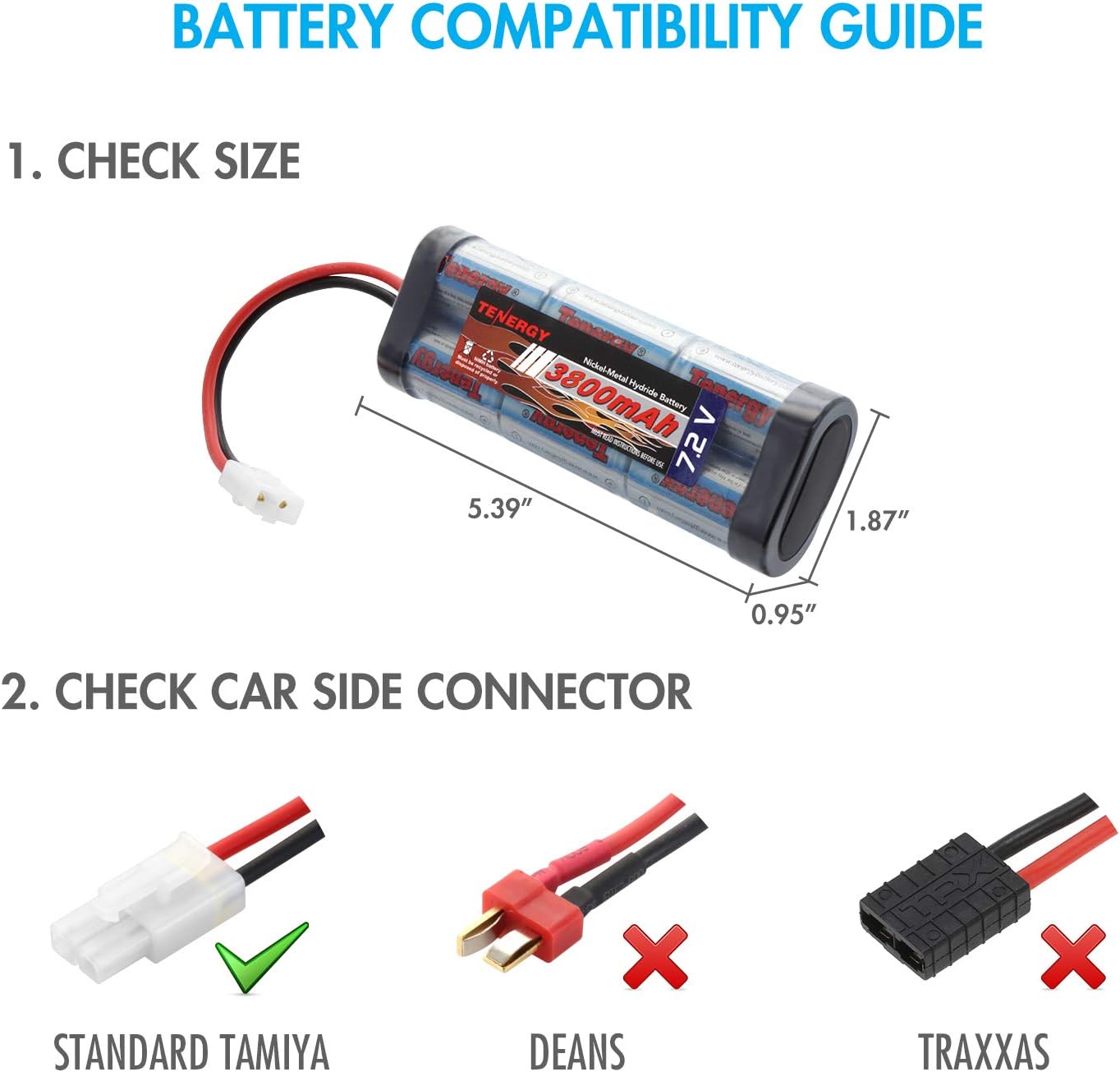Tenergy 2 Pack of 7.2V 3800mAh NiMH Flat Battery w/Standard Tamiya Connector and Charger for RC Hobbies & AEGs 2 Pack with Charger