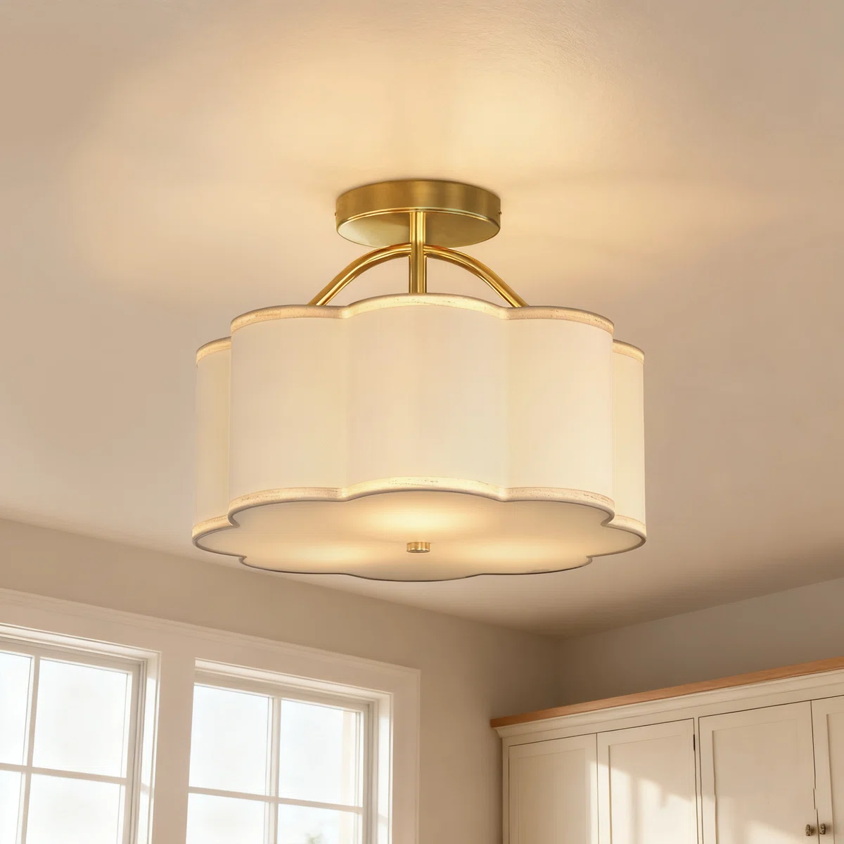 3-Light Semi-Flush Ceiling Light In Bronze with Linen Shade