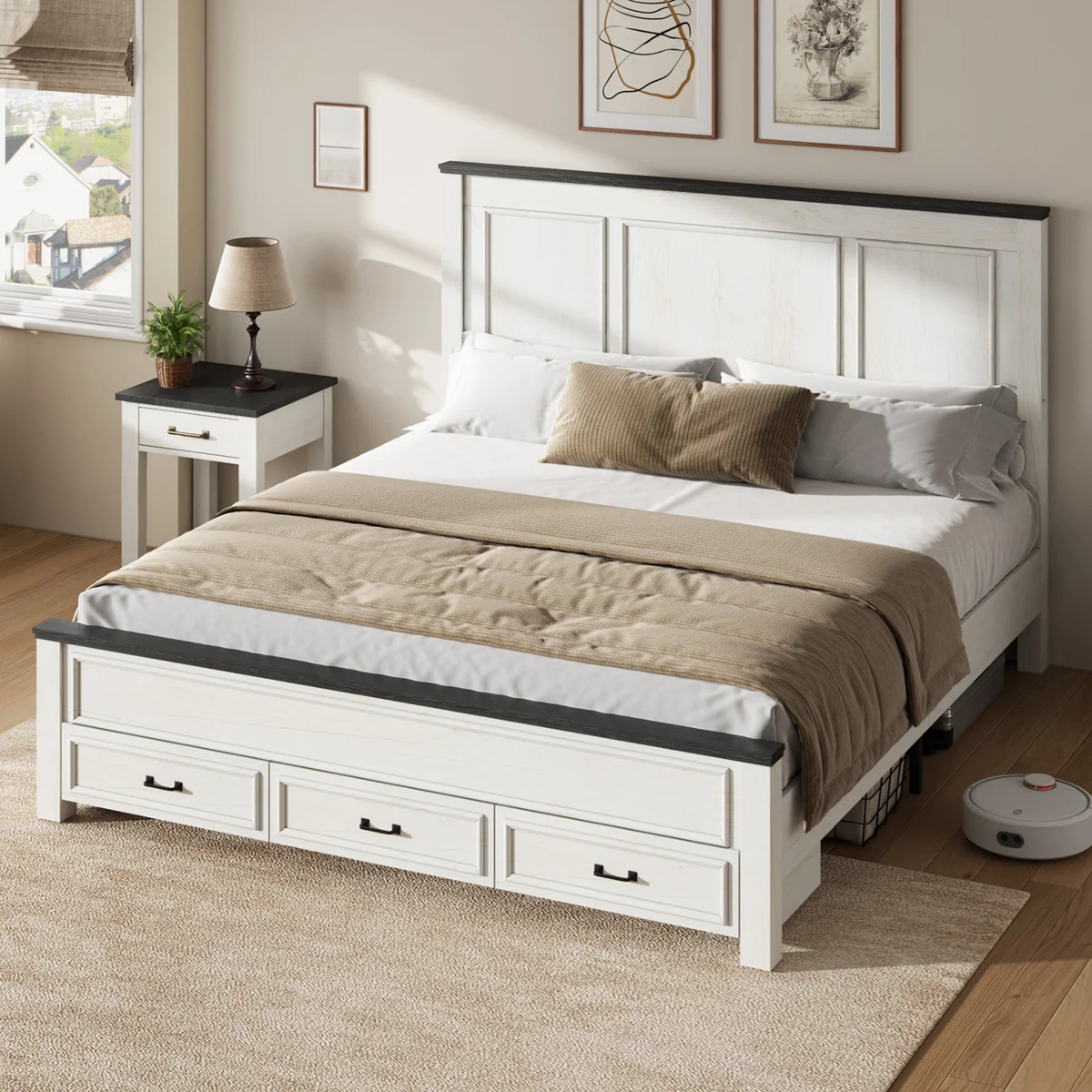 Farmhouse Wood Platform Bed Frame With 52.2" Tall Headboard, Large Storage Drawers